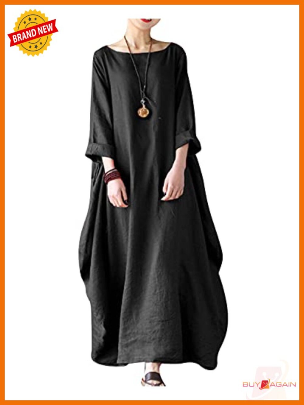 Celmia Women's Cotton Maxi Dress 3/4 Sleeve Caftan with Pockets